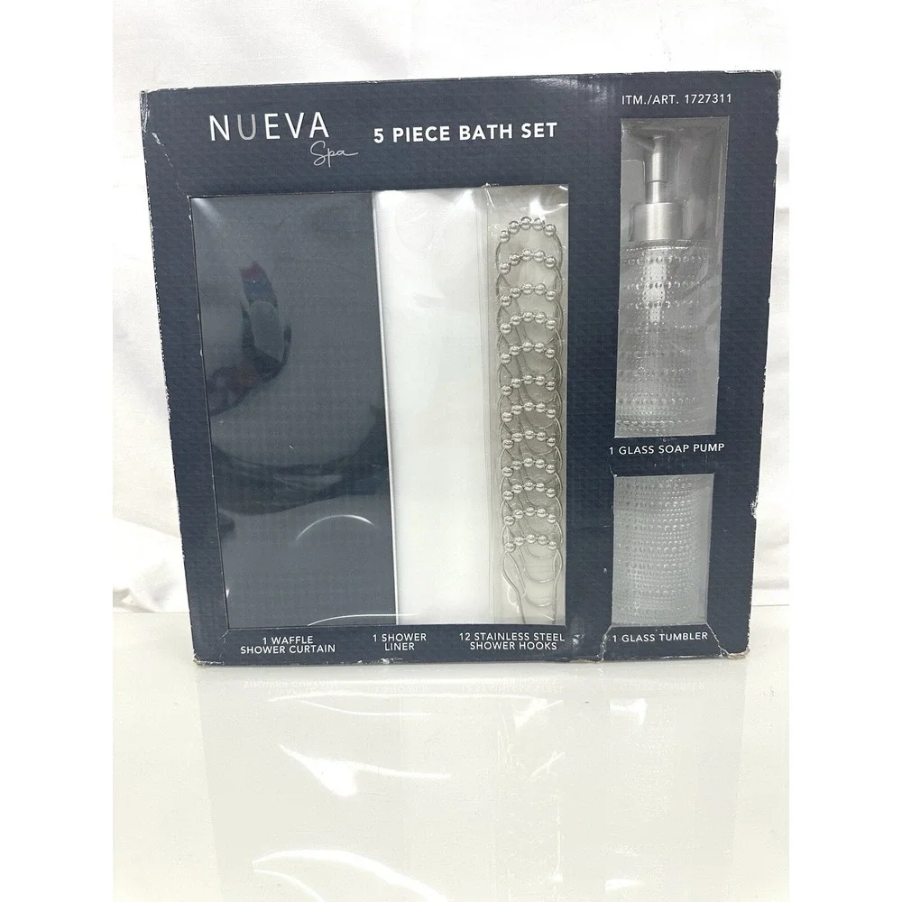 Nueva Spa 5 Pcs Bath Set Meriden Navy Shower Curtains Hooks Liner Pump Tumbler